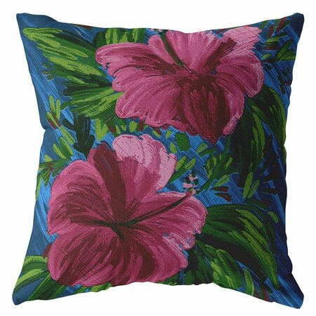 PALACEDESIGNS 16 in. Hibiscus Indoor & Outdoor Throw Pillow Hot Pink & Blue PA3093746